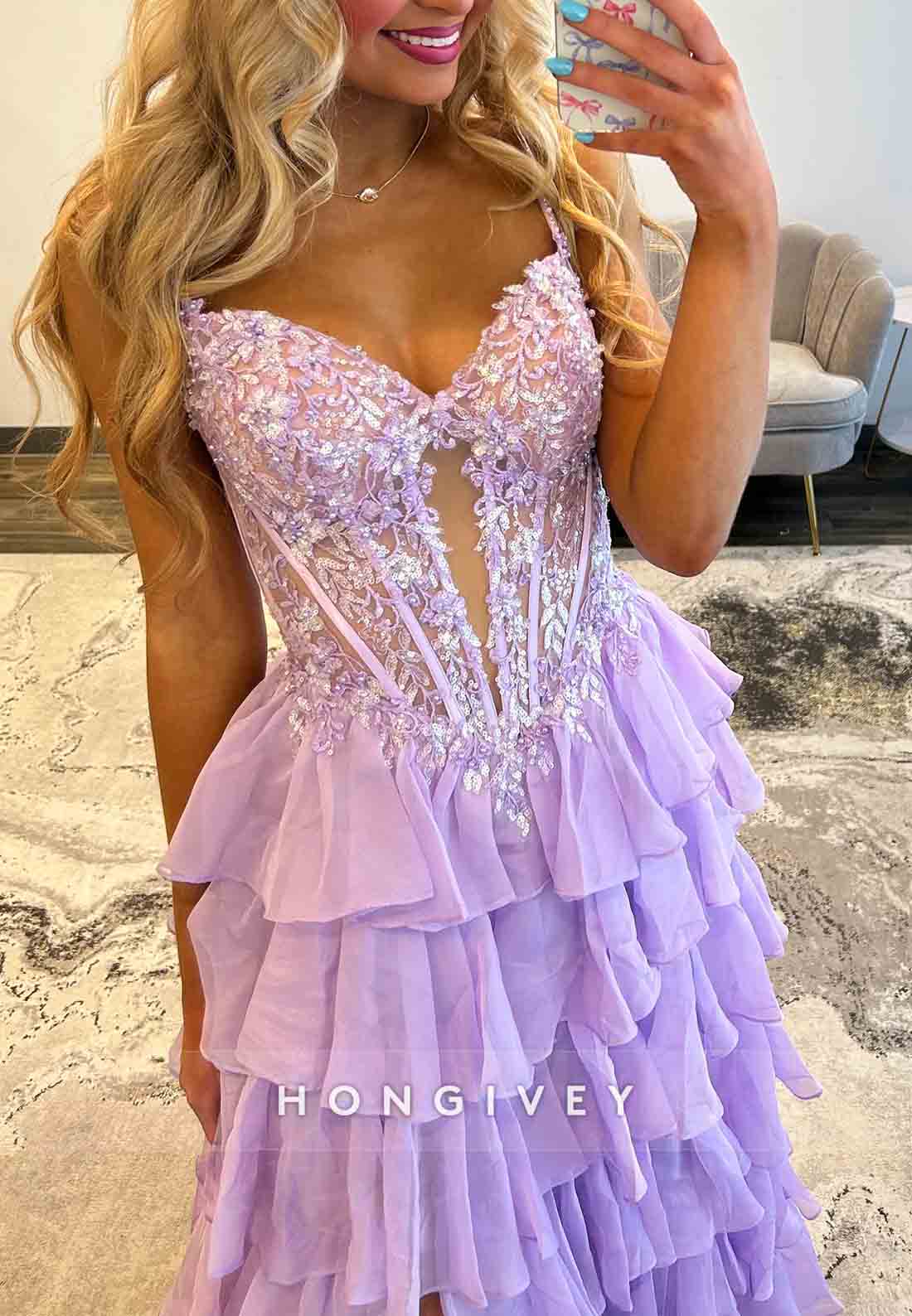 Lilac Spaghetti Straps Side Slit Appliqued Corset Prom Dress with Ruffles