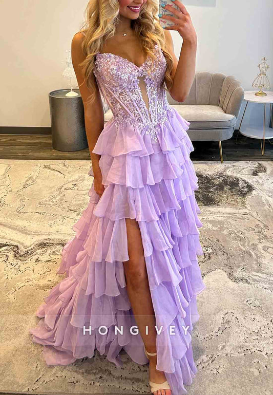 Lilac Spaghetti Straps Side Slit Appliqued Corset Prom Dress with Ruffles