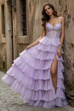 Lilac Spaghetti Straps Side Slit Appliqued Corset Prom Dress with Ruffles