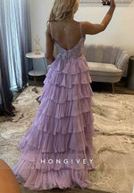 Lilac Spaghetti Straps Side Slit Appliqued Corset Prom Dress with Ruffles