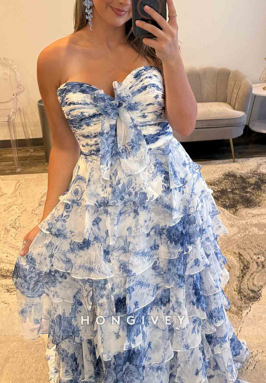Blue Floral Print Mermaid Strapless Long Prom Dress with Ruffles