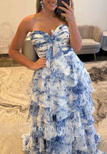 Blue Floral Print Mermaid Strapless Long Prom Dress with Ruffles