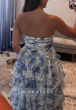 Blue Floral Print Mermaid Strapless Long Prom Dress with Ruffles