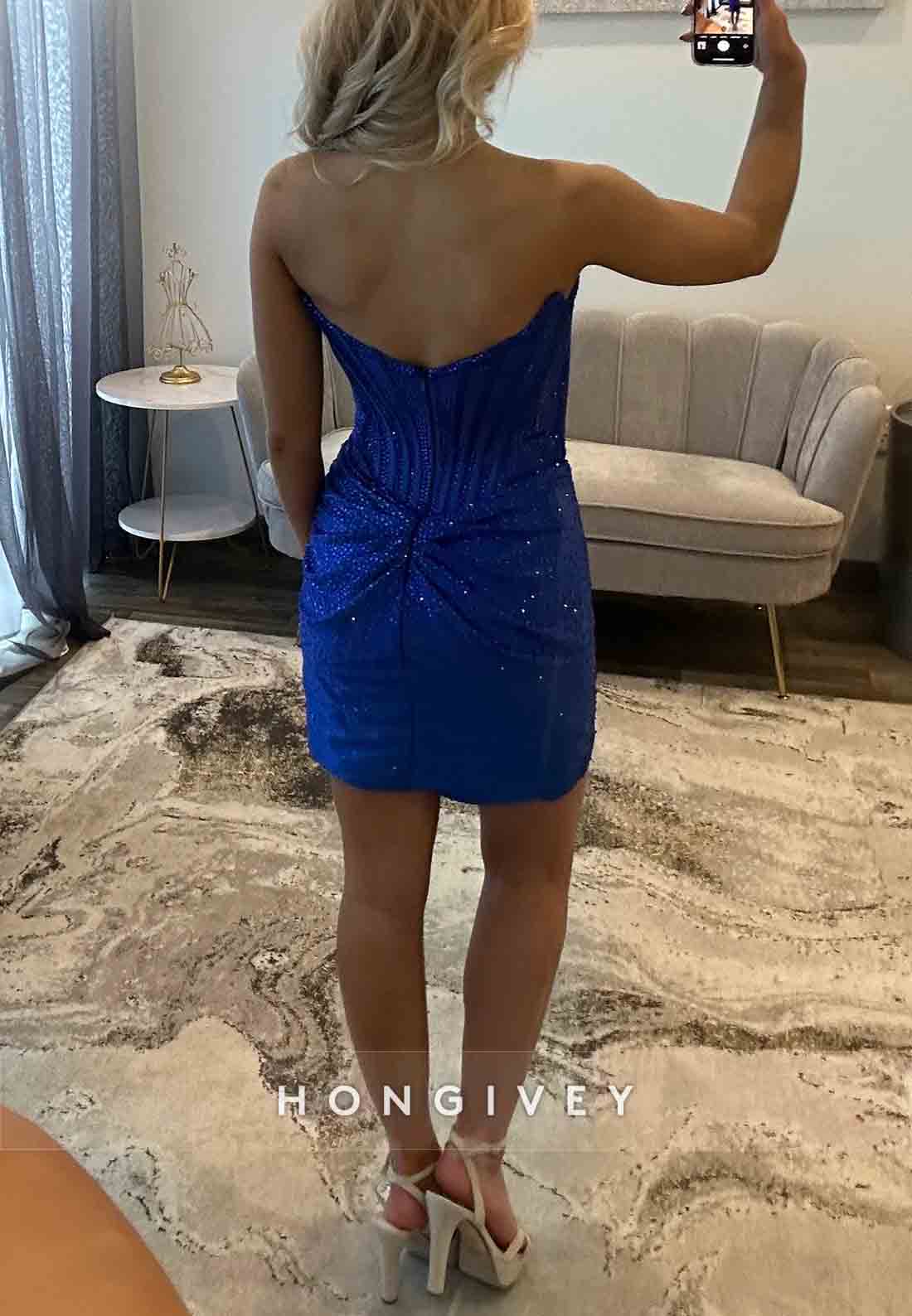 Glitter Royal Blue Low Back Sleeveless Side Slit Strapless Homecoming Dresses