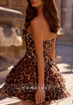 Strapless Leopard Print Sleeveless Pleated Short Princess Homecoming Dresses