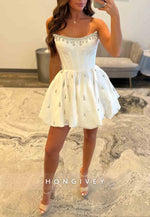 Strapless Satin A-Line Short Pleated Homecoming Dress wirh Appliques