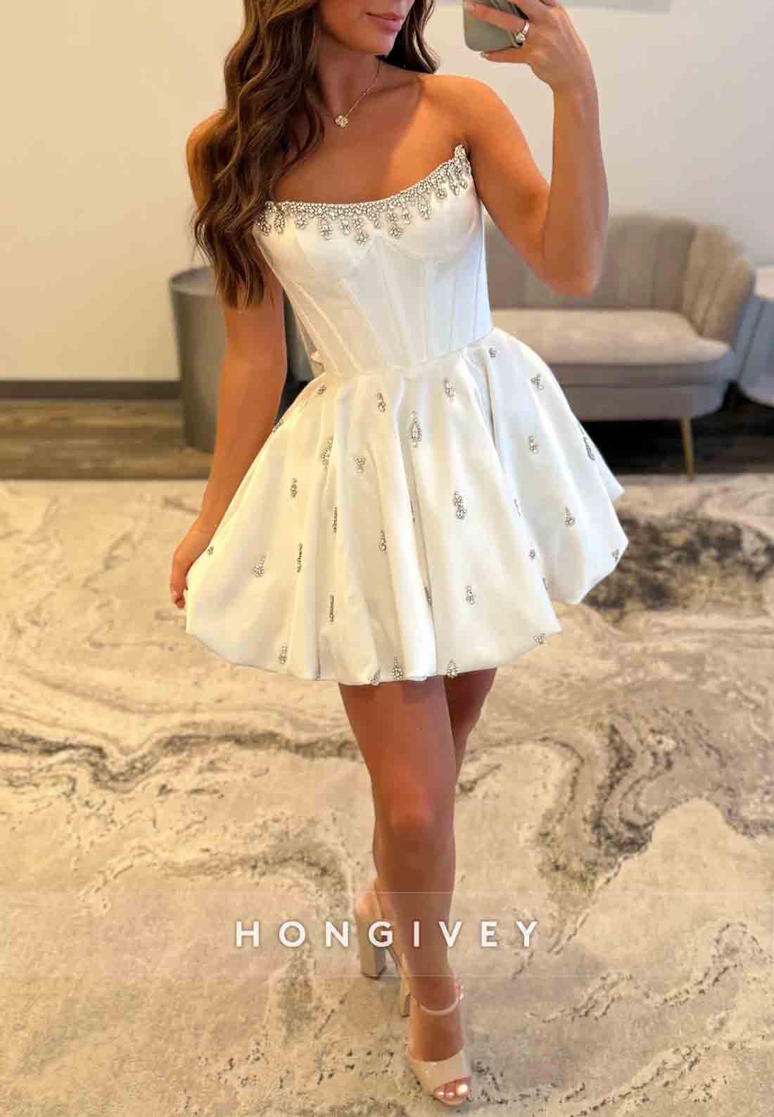 Strapless Satin A-Line Short Pleated Homecoming Dress wirh Appliques