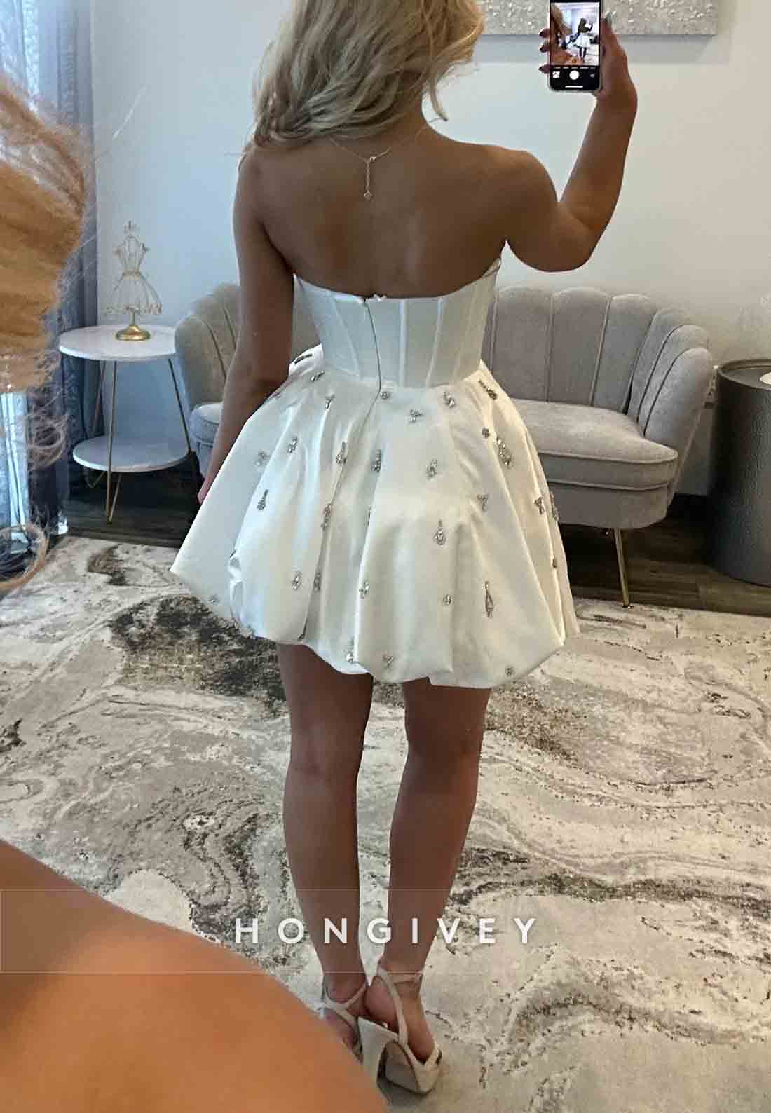 Strapless Satin A-Line Short Pleated Homecoming Dress wirh Appliques