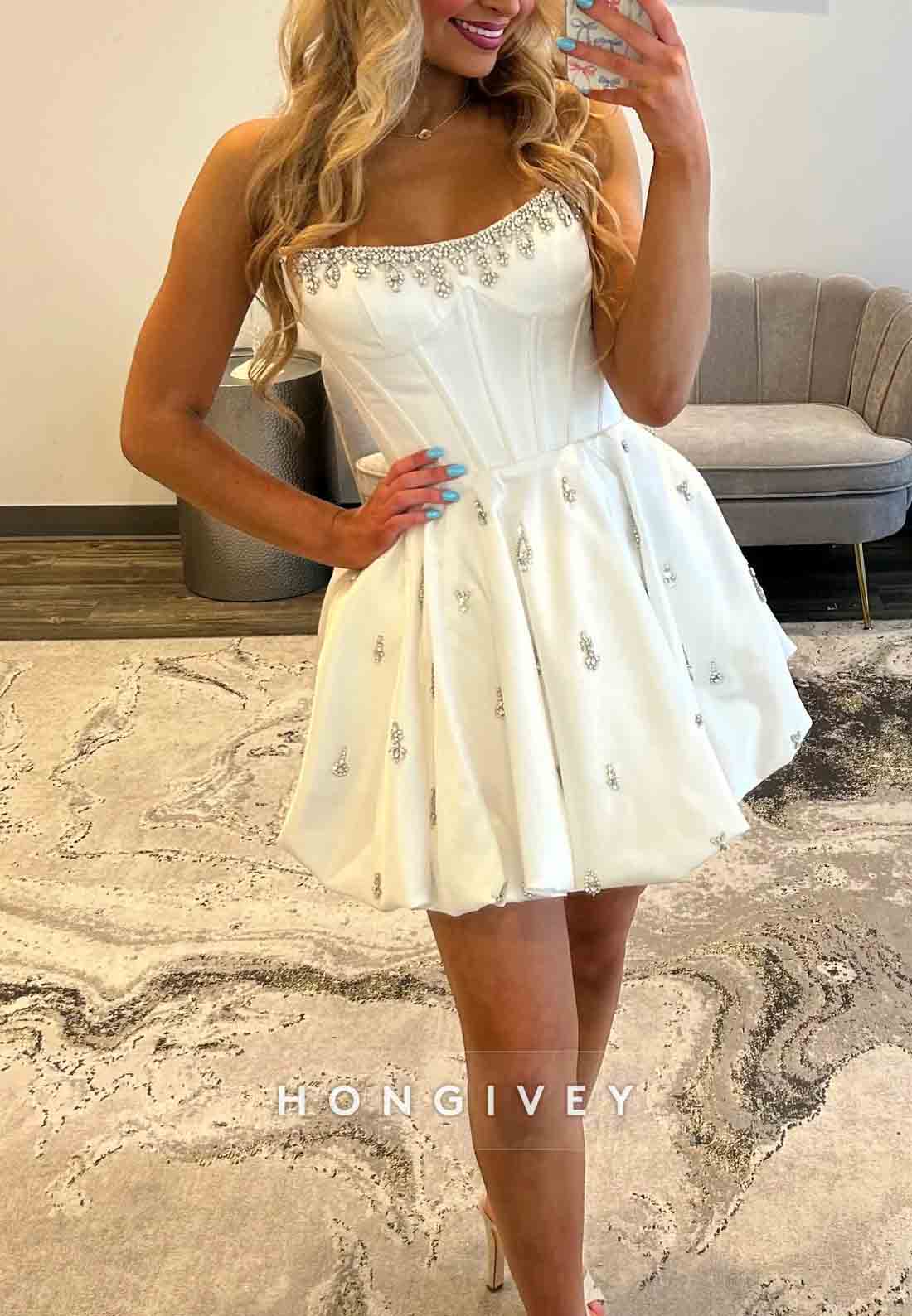 Strapless Satin A-Line Short Pleated Homecoming Dress wirh Appliques