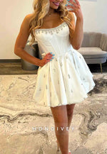 Strapless Satin A-Line Short Pleated Homecoming Dress wirh Appliques