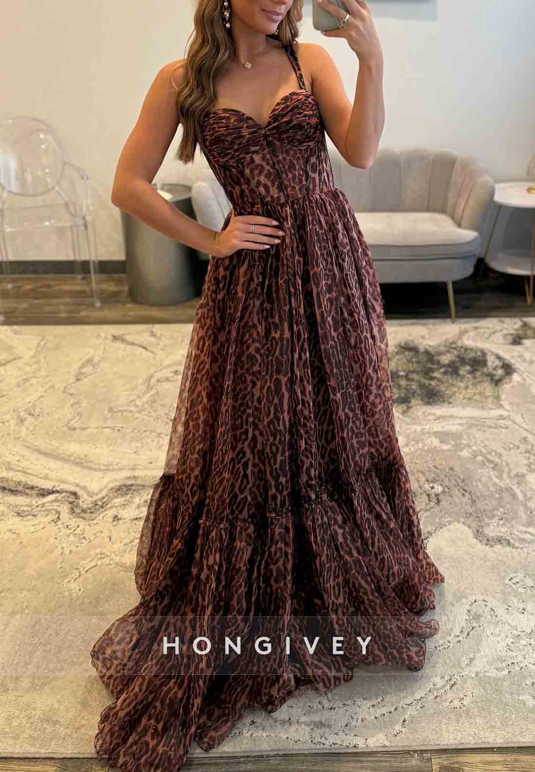 Leopard print Sweetheart Open Back A-Line Floor-Length Pleated Prom Dresses