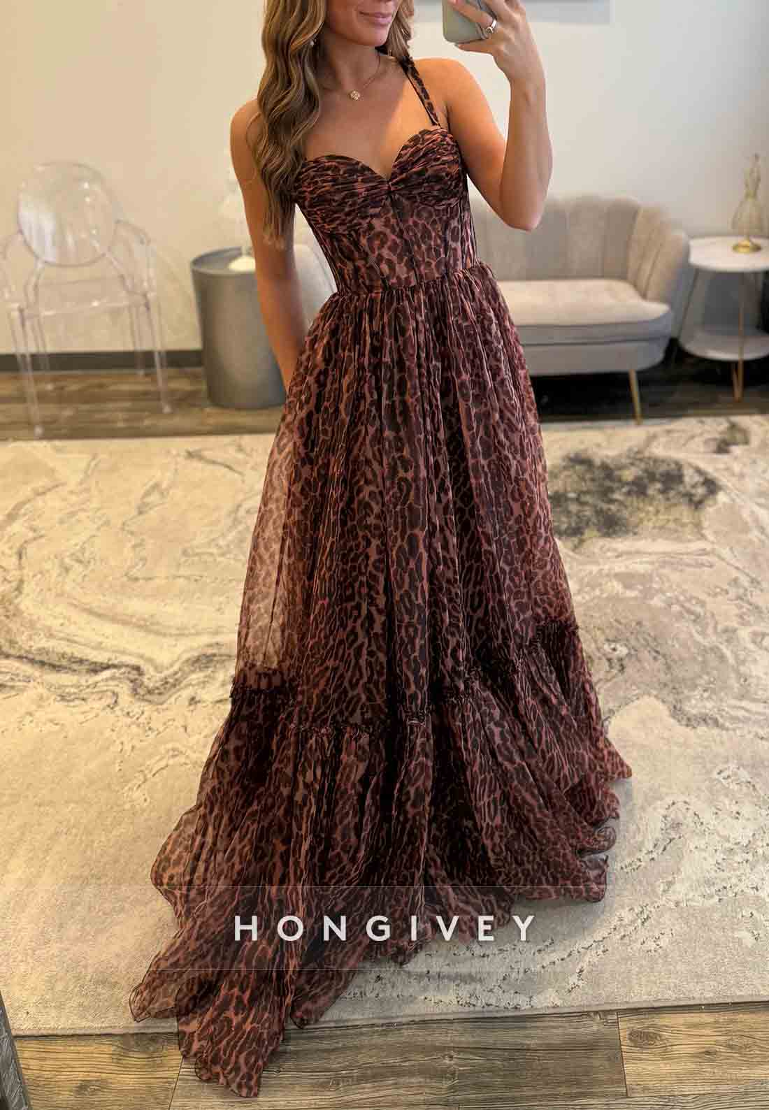 Leopard print Sweetheart Open Back A-Line Floor-Length Pleated Prom Dresses