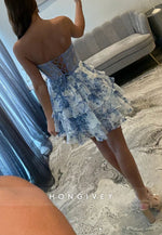 Lace Sweetheart neckline Ruffles Ivory Blue Print Short Homecoming Dress