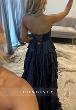 Navy Blue Sweetheart Side Slit Beaded Corset Prom Dress with Ruffles