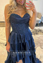 Navy Blue Sweetheart Side Slit Beaded Corset Prom Dress with Ruffles