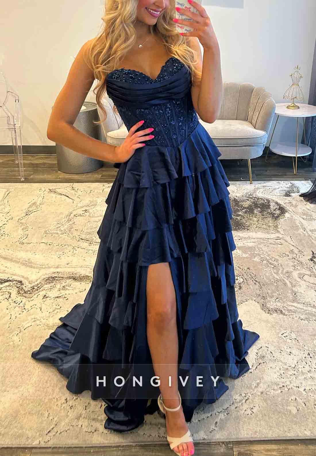 Navy Blue Sweetheart Side Slit Beaded Corset Prom Dress with Ruffles