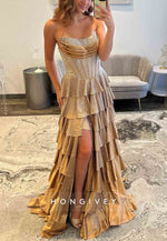 Champagne Beading Side Slit Beaded Sweep Train Corset Prom Dress with Ruffles