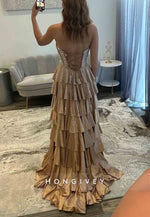 Champagne Beading Side Slit Beaded Sweep Train Corset Prom Dress with Ruffles