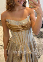 Champagne Beading Side Slit Beaded Sweep Train Corset Prom Dress with Ruffles