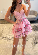 Lace Sweetheart neckline Ruffles Ivory Blue Print Short Homecoming Dress