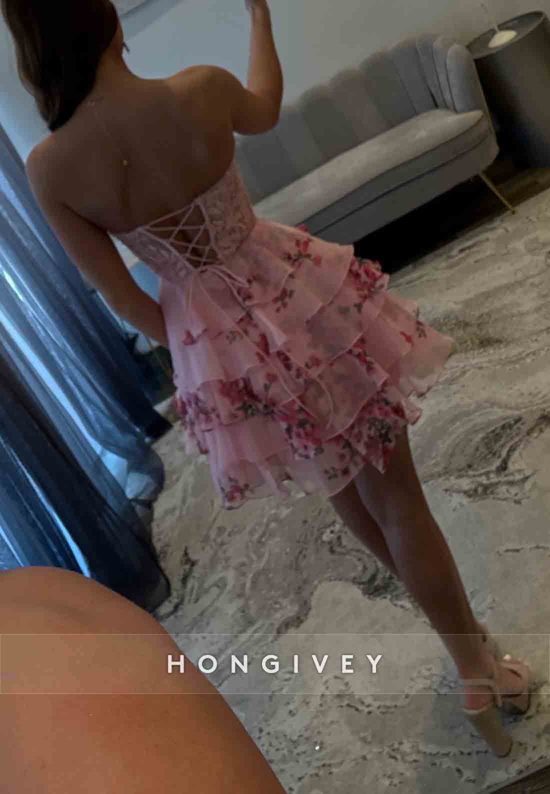 Sweetheart Floral Print Tie Back A-Line Short Homecoming Dress with Ruffles