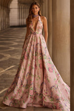 Pink Halter Sleeveless Backless Flowers Floral Print A-Line Floor-Length Prom Dress