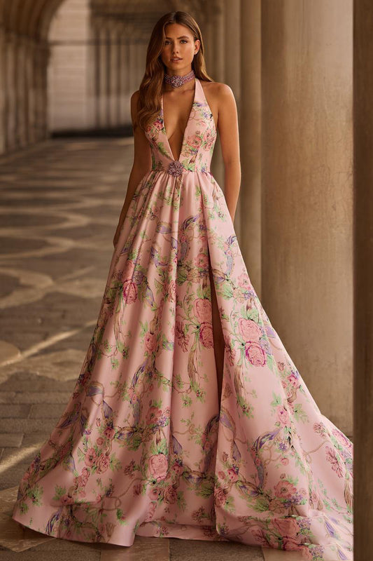 Pink Halter Sleeveless Backless Flowers Floral Print A-Line Floor-Length Prom Dress