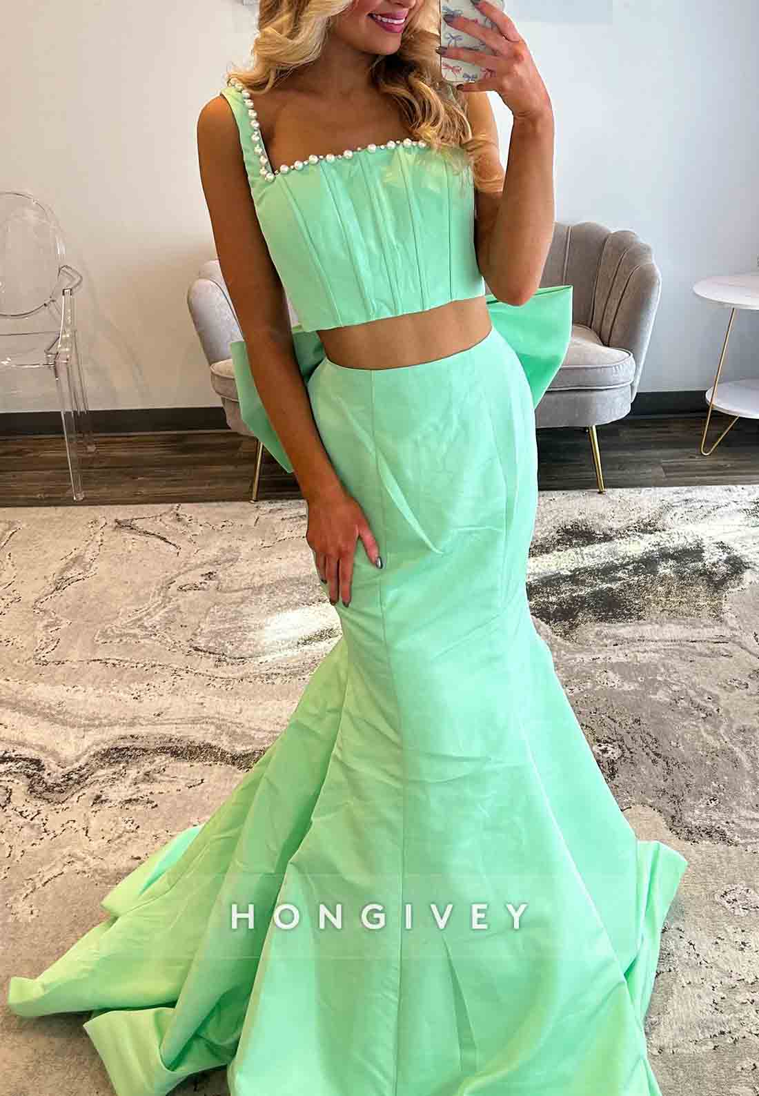 Mermaid Split Square Neck Prom Dresses with Bowknot and Pearl Trim