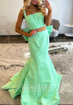 Mermaid Split Square Neck Prom Dresses with Bowknot and Pearl Trim