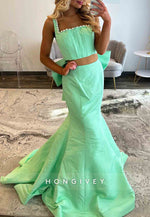 Mermaid Split Square Neck Prom Dresses with Bowknot and Pearl Trim