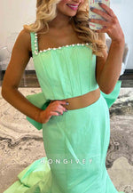 Mermaid Split Square Neck Prom Dresses with Bowknot and Pearl Trim