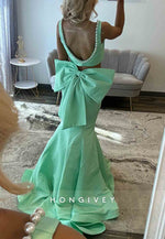 Mermaid Split Square Neck Prom Dresses with Bowknot and Pearl Trim