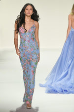 Fashion Spaghetti Straps Sleeveless Flowers Floral Print Sequins Mermaid Prom Dress