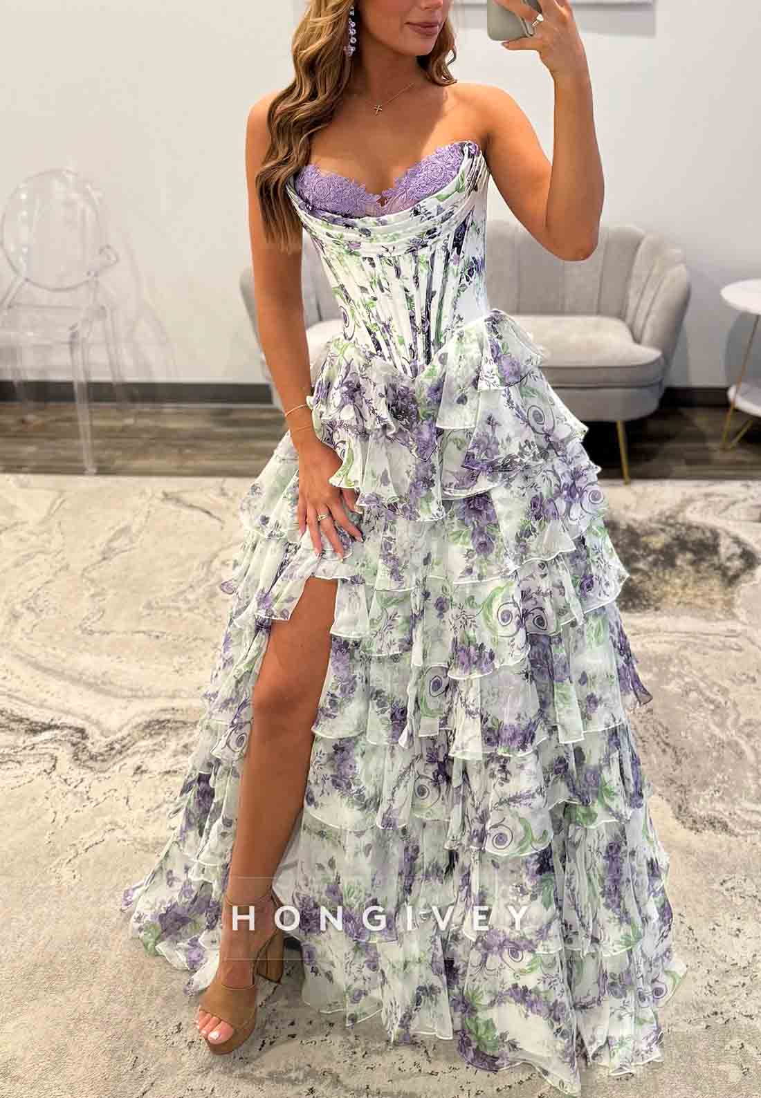 Floral Print A-Line Floor-Length Strapless Empire Prom Dresses with Ruffles