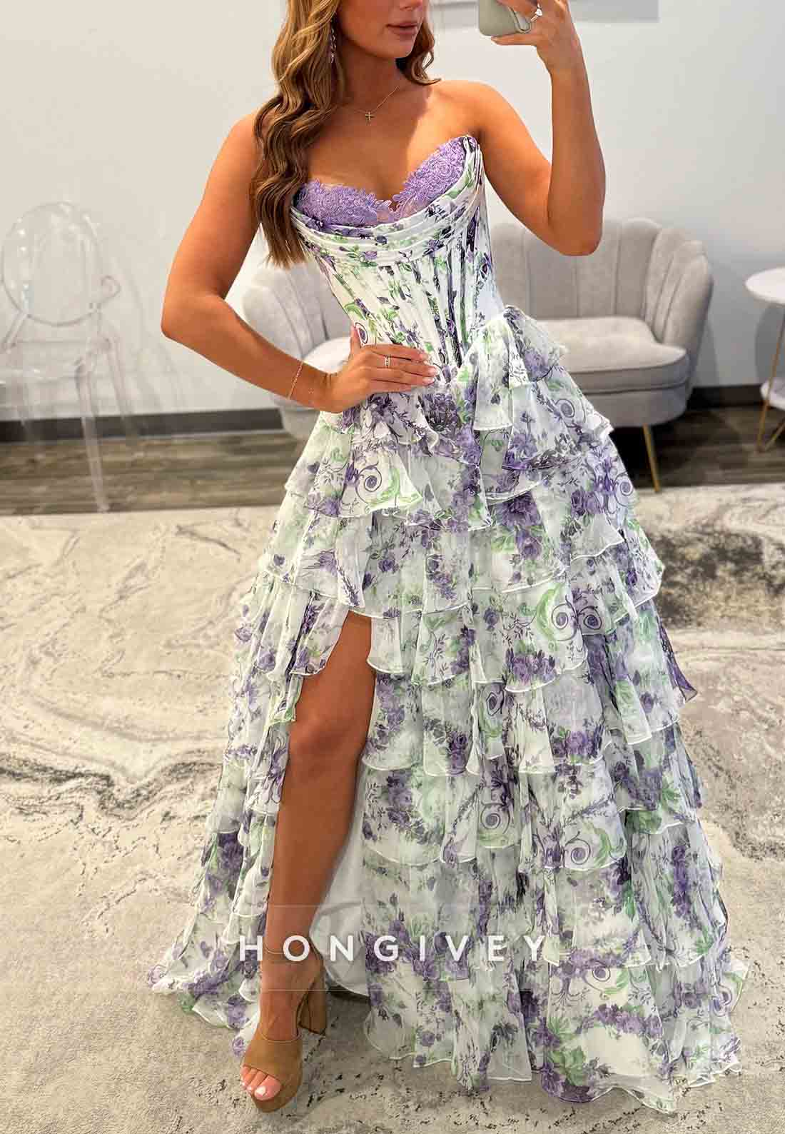 Floral Print A-Line Floor-Length Strapless Empire Prom Dresses with Ruffles