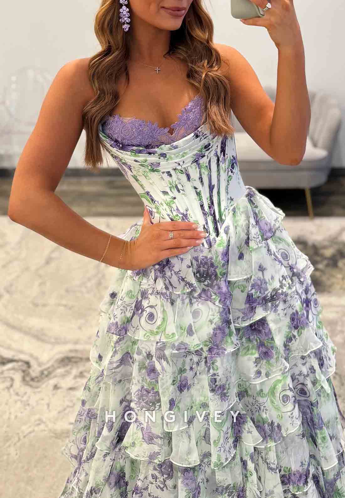 Floral Print A-Line Floor-Length Strapless Empire Prom Dresses with Ruffles