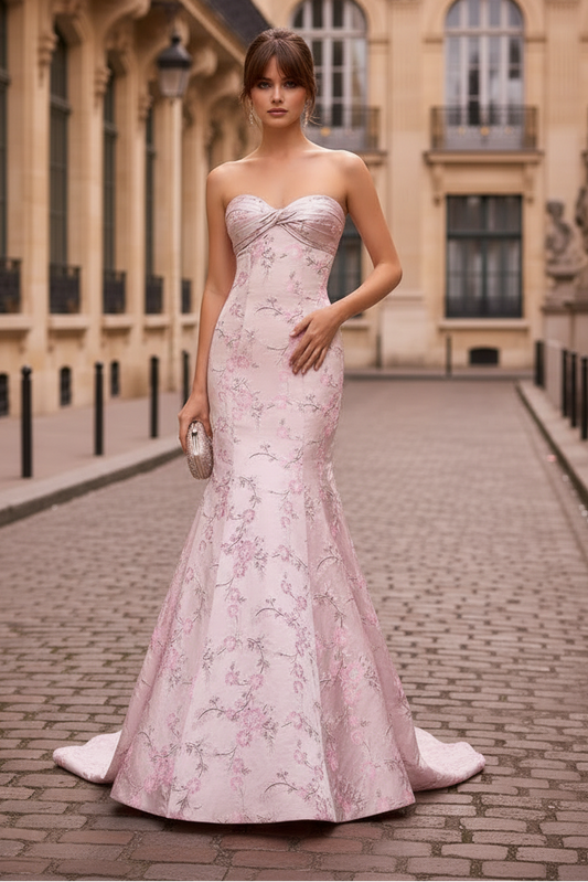 Pink Flowers Floral Print Sweetheart Sleeveless Mermaid Floor-Length Prom Dress