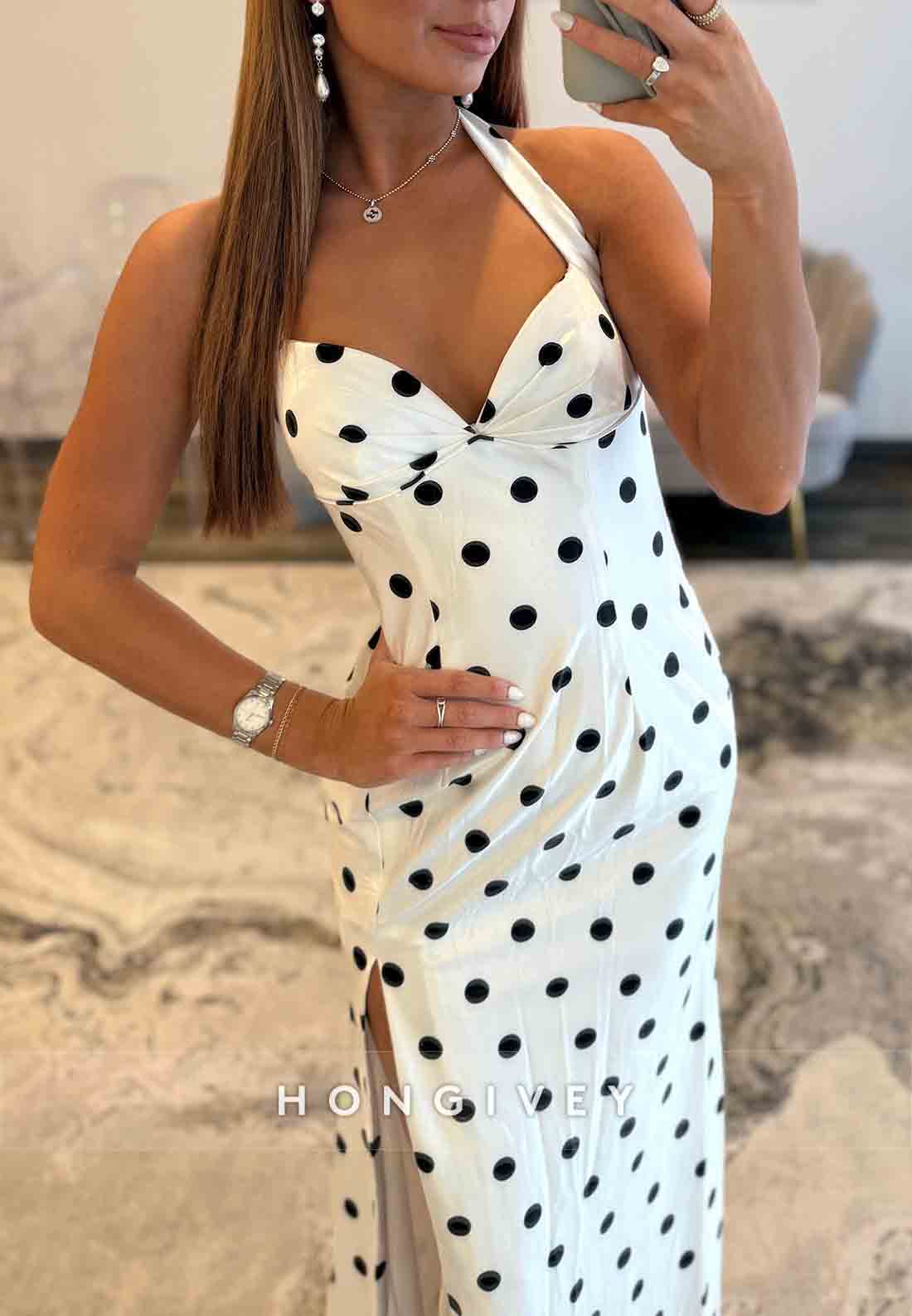 Polka Dot Column Sweetheart Halter Neck Side Slit Floor-Length Prom Dresses