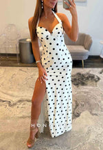 Polka Dot Column Sweetheart Halter Neck Side Slit Floor-Length Prom Dresses
