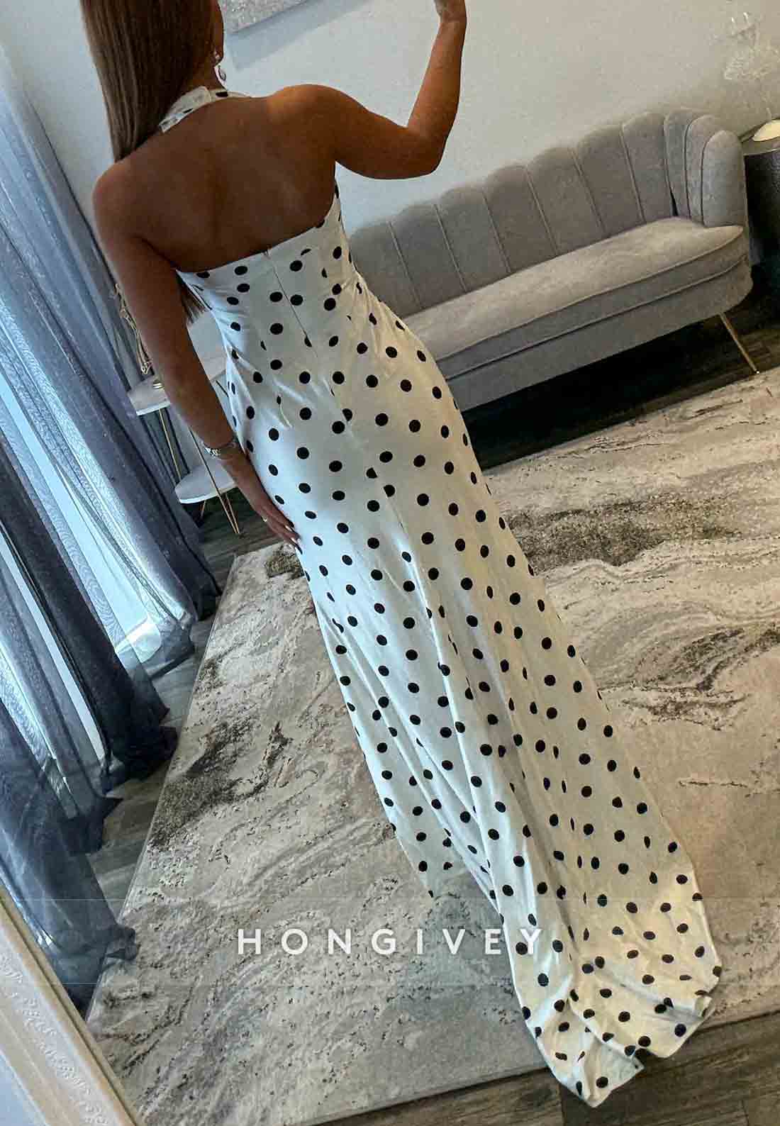 Polka Dot Column Sweetheart Halter Neck Side Slit Floor-Length Prom Dresses