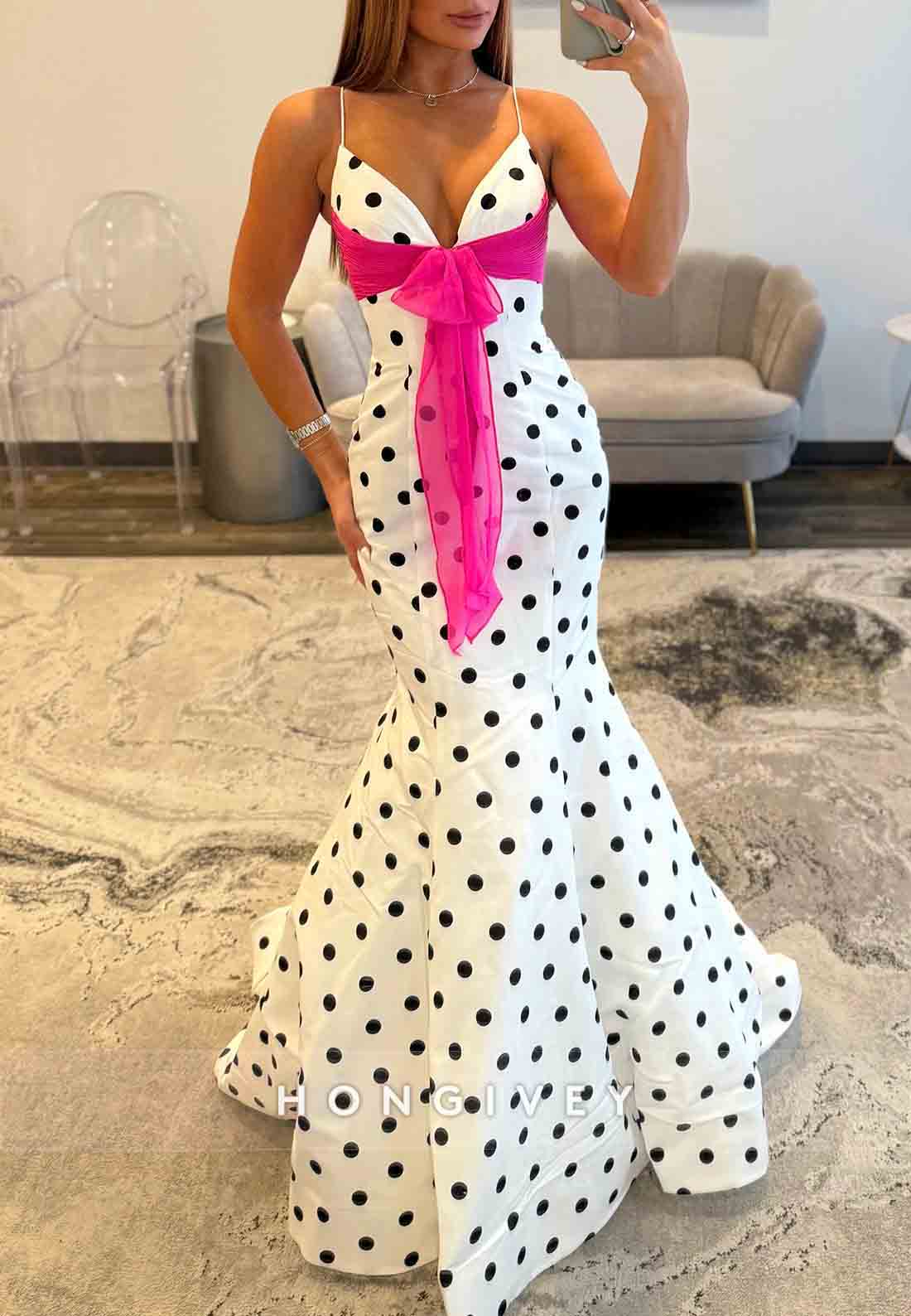 Mermaid Polka Dot Spaghetti Straps Sweetheart V-Neck Floor-Length Prom Dresses