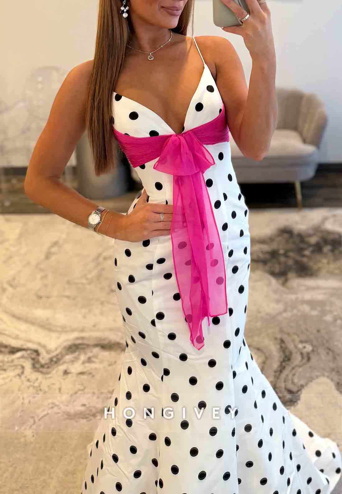 Mermaid Polka Dot Spaghetti Straps Sweetheart V-Neck Floor-Length Prom Dresses
