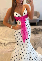 Mermaid Polka Dot Spaghetti Straps Sweetheart V-Neck Floor-Length Prom Dresses