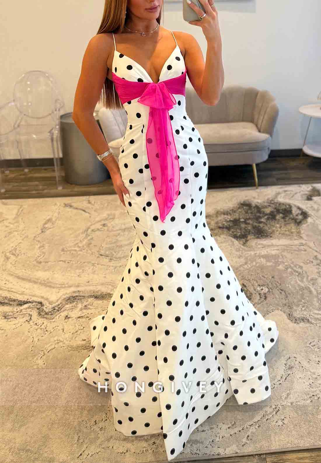 Mermaid Polka Dot Spaghetti Straps Sweetheart V-Neck Floor-Length Prom Dresses