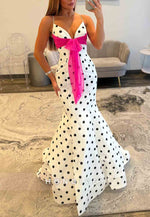 Mermaid Polka Dot Spaghetti Straps Sweetheart V-Neck Floor-Length Prom Dresses