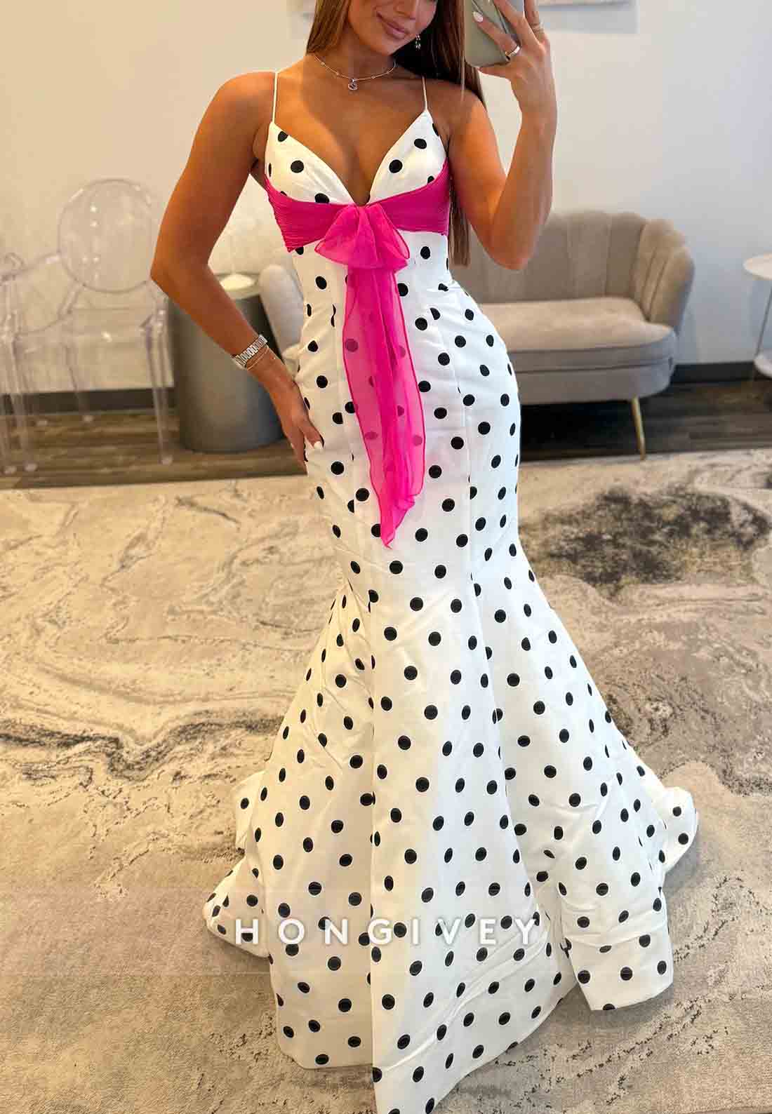 Mermaid Polka Dot Spaghetti Straps Sweetheart V-Neck Floor-Length Prom Dresses