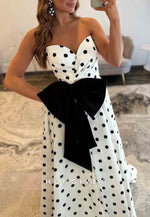 Strapless A-Line Sweetheart Floor-Length Polka Dot Prom Dresses with Bowknot