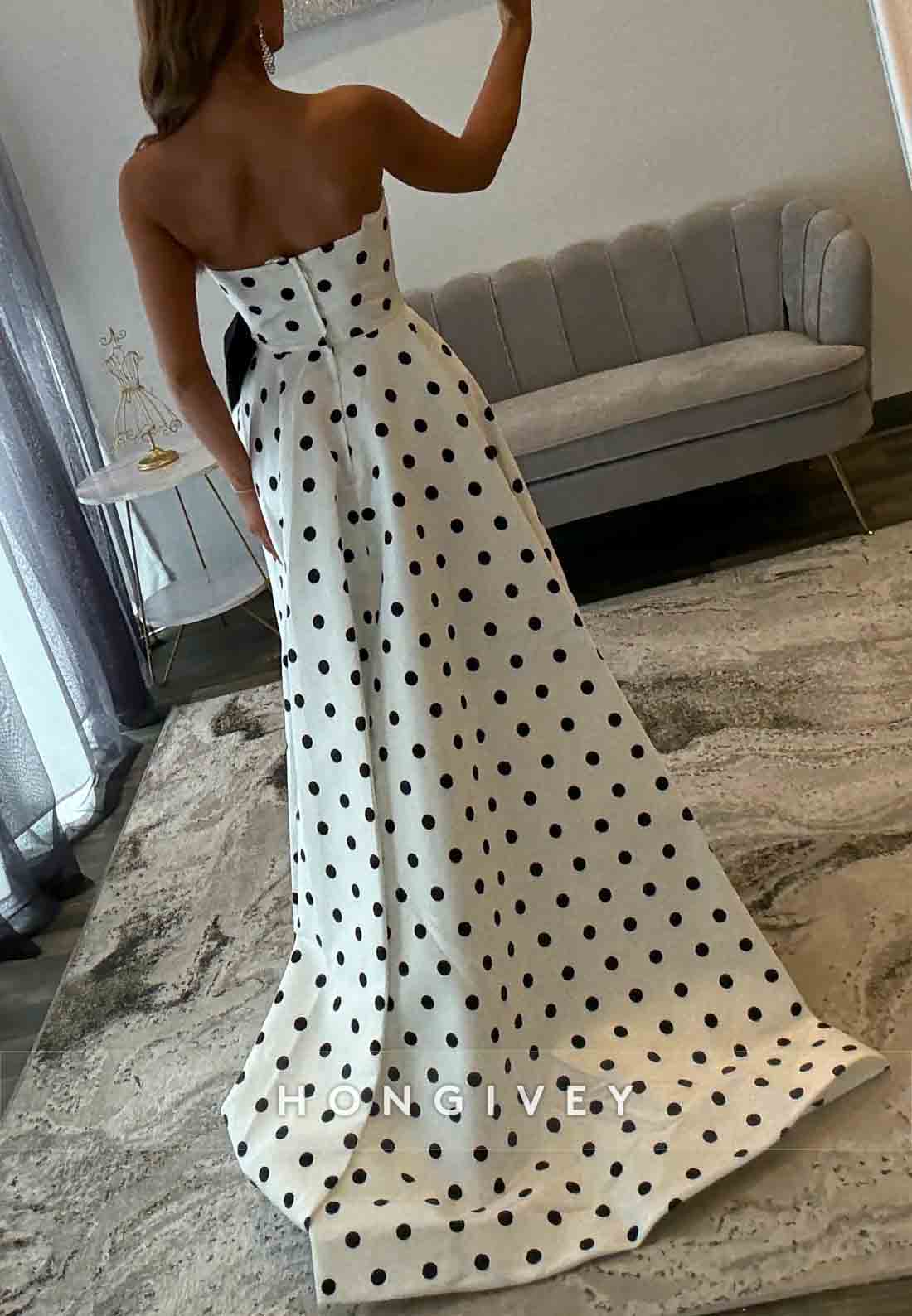 Strapless A-Line Sweetheart Floor-Length Polka Dot Prom Dresses with Bowknot