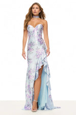Strapless Sleeveless Floral Print Mermaid Side Slit Prom Dress Floor-Length