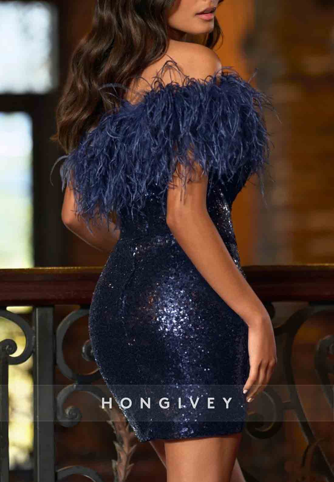 Navy Blue Feather One Shoulder Glitter Short Homecoming Dresses